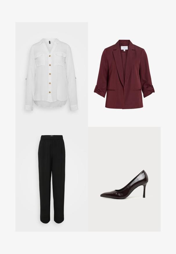 Blazer femme rouge foncé avec revers crantés, manches trois-quarts retroussées et deux poches passepoilées devant, présenté sur fond blanc.; Chemise blanche à manches longues avec un col en V, deux poches poitrine et six boutons ronds. Tissu doux avec un ourlet légèrement arrondi.; Pantalons noirs à coupe ample, avec une taille élastique et des jambes droites. Fabriqués en tissu lisse sans motifs visibles ni accessoires.; Chaussure à talon haut en cuir noir à bout pointu avec un talon aiguille fin sur un fond clair uni.