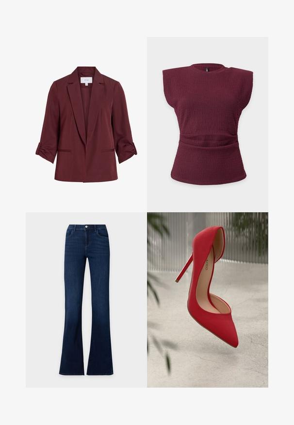 Blazer femme rouge foncé avec revers crantés, manches trois-quarts retroussées et deux poches passepoilées devant, présenté sur fond blanc.; Haut sans manches en maille texturée bordeaux avec épaules rembourrées et détail taille froncée sur un fond clair uni.; Jean en denim bleu foncé avec jambes évasées, poches avant et fermeture à bouton à la taille.; Chaussure à talons hauts rouge avec un bout pointu et une finition en daim lisse. Dotée d'un talon aiguille et d'un accent doré à la base du talon.