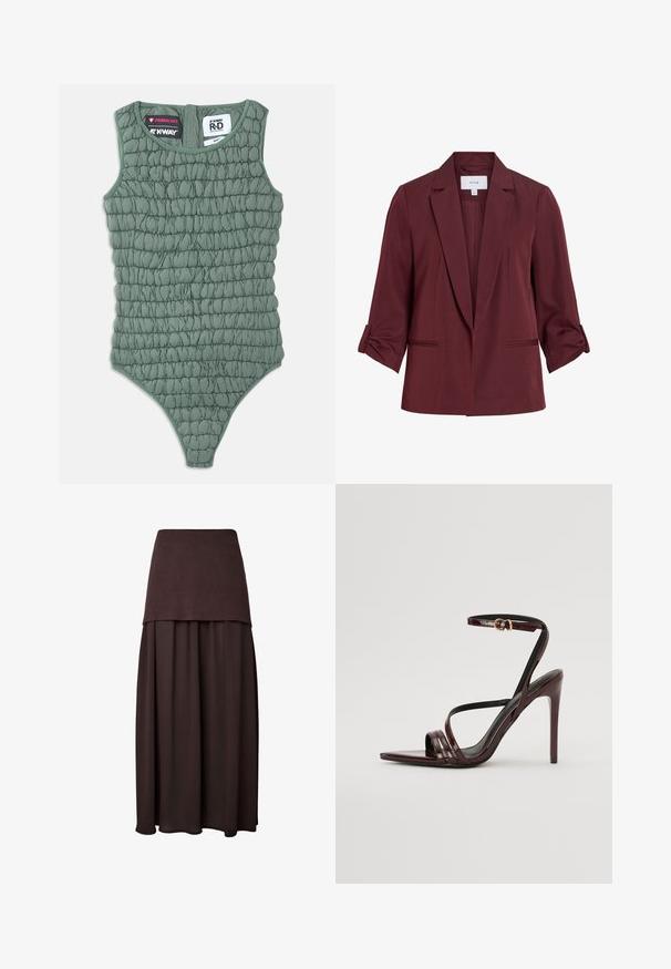 Blazer femme rouge foncé avec revers crantés, manches trois-quarts retroussées et deux poches passepoilées devant, présenté sur fond blanc.; Body vert sans manches avec texture matelassée, doté d'un col montant et d'un dos décolleté. Réalisé en matériau léger et résistant à l'eau.; Jupe maxi marron foncé avec une ceinture côtelée ajustée et un tissu plissé fluide sous la taille.; Sandale à talons hauts en cuir verni bourgogne avec une bride de cheville, bout pointu et trois bandes horizontales sur le pied. Détail de boucle dorée.