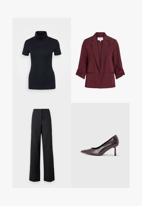 Blazer de mujer de color rojo oscuro con solapas con muesca, mangas tres cuartos remangadas y dos bolsillos delanteros ribeteados, mostrado sobre un fondo blanco.; Top de cuello alto negro con acanalado, de manga corta, diseño ajustado, textura suave, costuras mínimas y un cuello alto.; Pantalones de mujer negros de tiro alto y pierna ancha, con cierre frontal oculto y trabillas para cinturón.; Tacones puntiagudos de cuero sintético marrón con textura de cocodrilo, con un tacón delgado y angular y un forro interior suave.