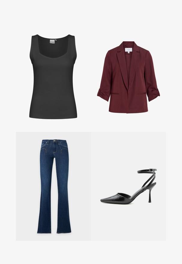 Blazer de mujer de color rojo oscuro con solapas con muesca, mangas tres cuartos remangadas y dos bolsillos delanteros ribeteados, mostrado sobre un fondo blanco.; Camiseta sin mangas negra con escote cuadrado y textura acanalada. Diseño simple sin adornos ni patrones.; Vaqueros de mezclilla azul oscuro con cintura alta, cierre de botón y cremallera, bolsillos delanteros y piernas ligeramente acampanadas.; Zapato de tacón alto negro de punta fina con delgadas correas en el tobillo y cierre de hebilla plateada sobre un fondo liso claro.
