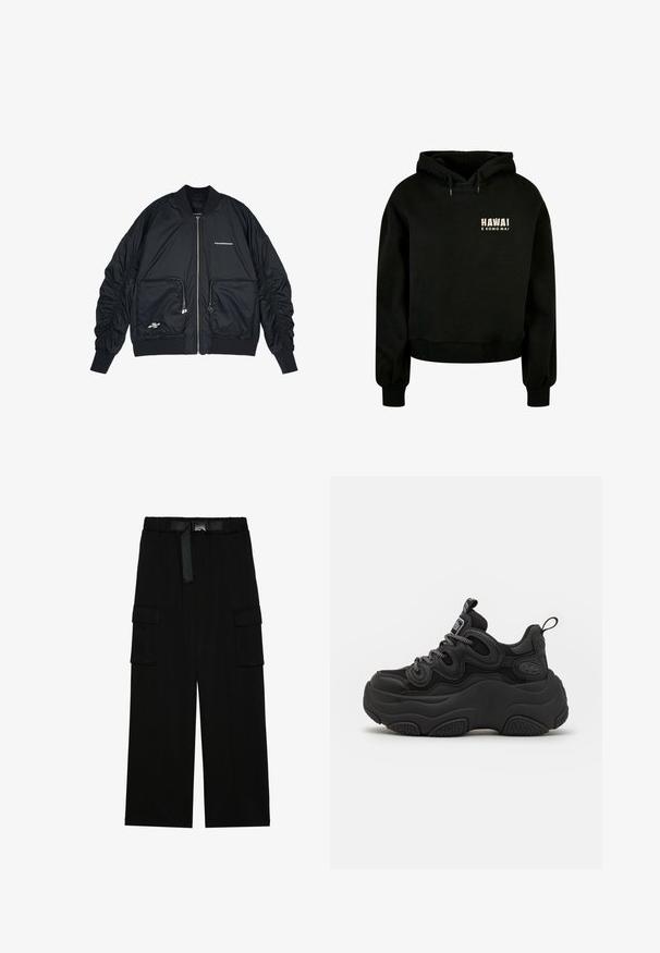 Sort bomberjakke med lynlås i front, ribbede manchetter og kant. Har to frontlommer, indsamlede ærmer og sølvlogo-detaljer.; Sort cropped hoodie lavet af blødt bomuldsstof. Har en justerbar hætte og ribbede manchetter. Frontdesignet inkluderer teksten: "HAWAI E KOMO MAI."; Sorte cargo bukser med vidde ben, elastisk talje med bælte og to store sidelommer til opbevaring.; Sorte sneakers med en chunky design, der har en tekstureret overdel, mesh-paneler og tyk gummisål. Reflekterende snørebånd og branddetaljer er synlige.