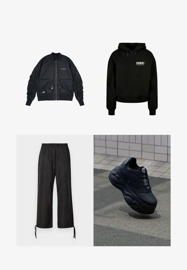 Must must jacket, mille õmblus, ribidetega mansetid ja alumine äär. Omab kahte esikoti, kokku tõmmatud varrukad ja hõbedane logo detail.; Must have riidest lühike kapuutsiga särk, mis on valmistatud pehmest puuvillast. Funktsioonid hõlmavad nööriga kapuutsi ja soonikutega mansette. Eesmine disain sisaldab teksti: "HAWAI E KOMO MAI."; Mustad, vabalt lõhkuvad püksid elastse vöökoha ja reguleeritavate paeltega pahkluudes. Sile materjal kerge sära ja läikega.; Mustad mustad spordijalatsid, millel on sile nahast ülaserv, tõstetud tallad lainelaadsete mustritega ning paelad kindla istuvuse tagamiseks. Brändimine keelel.