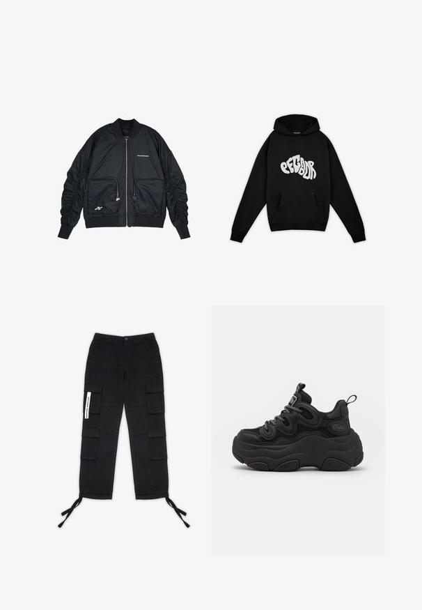 Schwarze Bomberjacke mit Reißverschluss vorne, gerippten Bündchen und Saum. Verfügt über zwei Fronttaschen, geraffte Ärmel und silberne Logo-Details.; Pegador PALUMA OVERSIZED HOODIE - Sweatshirt - black; Pegador TANAMI WIDE PANTS - Cargohose - black; Schwarzer Sneaker mit chunky Design, featuring einem strukturierten Obermaterial, Mesh-Einsätzen und einer dicken Gummisohle. Reflexionsschnürsenkel und sichtbare Markendetails.