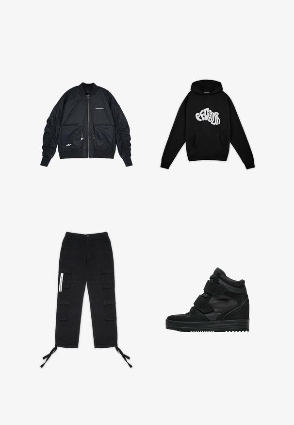 Veste bomber noire avec fermeture éclair à l'avant, manches et ourlet côtelés. Comprend deux poches avant, des manches froncées et des détails de logo en argent.; Pegador PALUMA OVERSIZED HOODIE - Sweatshirt - black; Pegador TANAMI WIDE PANTS - Pantalon cargo - black; Baskets montantes noires en suede et mesh, avec des bandes Velcro, une finition lisse et une semelle en caoutchouc texturée pour une meilleure adhérence.