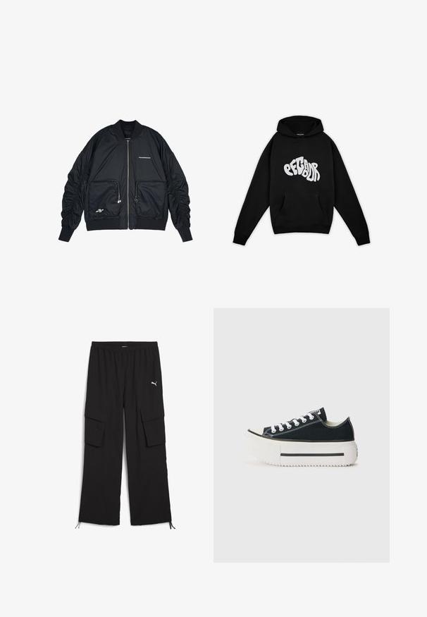 Čierna bomber bunda s predným zipom, rebrovanými manžetami a lemom. Má dve predné vrecká, zhromaždené rukávy a strieborné logo.; Pegador PALUMA OVERSIZED HOODIE - Mikina - black; Čierne cargo nohavice s širokým strihom, elastickým pásom, dvoma bočnými vreckami a šnúrkami na okrajoch. Zdobené malým bielym logom.; Čierne plátenné tenisky s bielou gumovou podrážkou, s hrubou platformou, bielymi šnúrkami a kontrastným prešívaním pozdĺž švov.