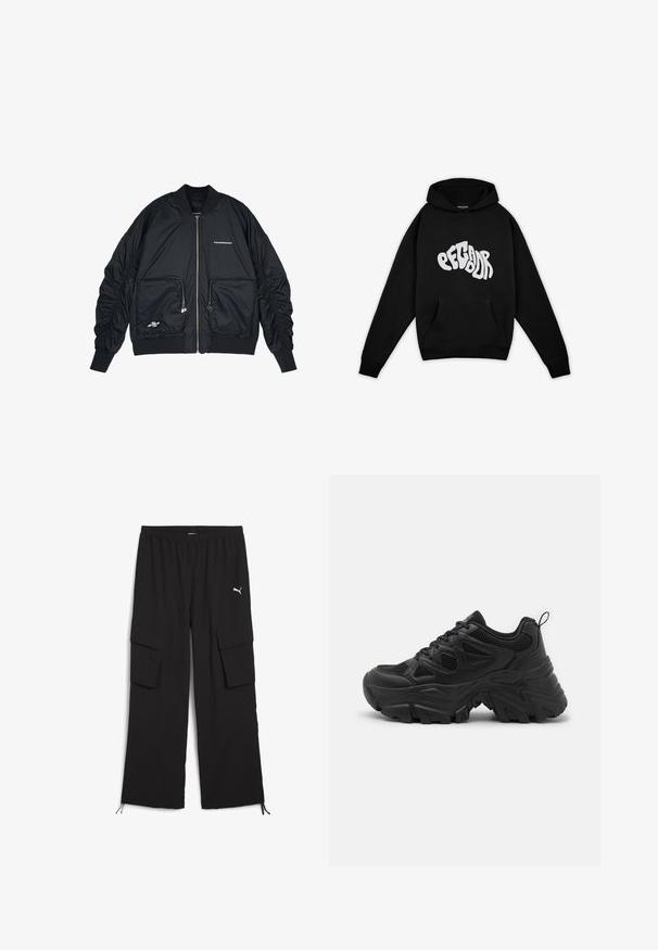 Schwarze Bomberjacke mit Reißverschluss vorne, gerippten Bündchen und Saum. Verfügt über zwei Fronttaschen, geraffte Ärmel und silberne Logo-Details.; Pegador PALUMA OVERSIZED HOODIE - Sweatshirt - black; Schwarze Cargo-Hosen mit weitem Bein, elastischem Bund, zwei Seitentaschen und Kordelzugsäumen. Mit einem kleinen weißen Logo.; Schwarze Sportschuhe mit einem strukturierten Mesh-Obermaterial, einer gewölbten Gummisohle und einem auffälligen Profilmuster. Mit integriertem Schnürsystem und Zuglasche.