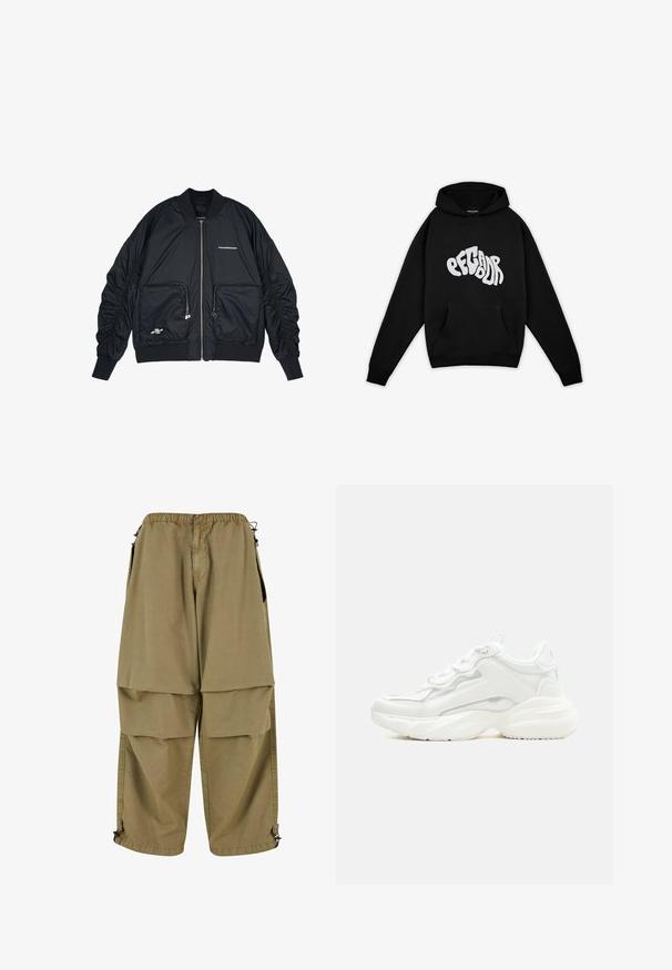 Sort bomberjakke med lynlås i front, ribbede manchetter og kant. Har to frontlommer, indsamlede ærmer og sølvlogo-detaljer.; Pegador PALUMA OVERSIZED HOODIE - Sweatshirt - black; Beige cargo bukser med elastisk talje, store forlommer og justerbare manchetter. Lavet af letvægtsmateriale med en glat tekstur.; Hvid chunky sneaker med tyk sål, snørelukning foran og glat syntetisk overdel med subtile syningsdetaljer.