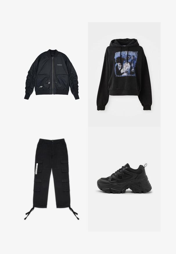 Sort bomberjakke med lynlås i front, ribbede manchetter og kant. Har to frontlommer, indsamlede ærmer og sølvlogo-detaljer.; Sort cropped hoodie lavet af bomuld med snøre i hætten. Har et grafisk print i blå, der viser tegn og tekst.; Pegador TANAMI WIDE PANTS - Cargobukser - black; Sorte sportssko med en struktureret mesh-overdel, buet gummisåler og et fremtrædende dækmønster. Har integreret snøring og en pull tab.