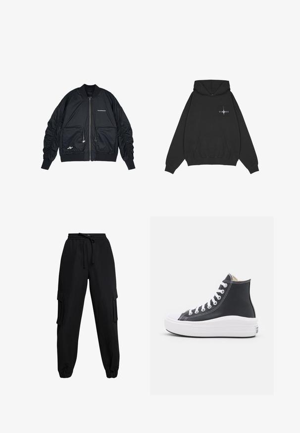 Schwarze Bomberjacke mit Reißverschluss vorne, gerippten Bündchen und Saum. Verfügt über zwei Fronttaschen, geraffte Ärmel und silberne Logo-Details.; Pegador Kapuzenpullover - washed black; Schwarze Cargo-Hosen aus leichtem Material, mit einem elastischen Taillenbund, Kordelzug und Seitentaschen. Die design wird durch umschlagbare Knöchel abgerundet.; Schwarzer High-Top Sneaker mit weißen Schnürsenkeln und Gummisohle. Verfügt über eine glatte Ledertextur und weiße Nähte als Akzente.