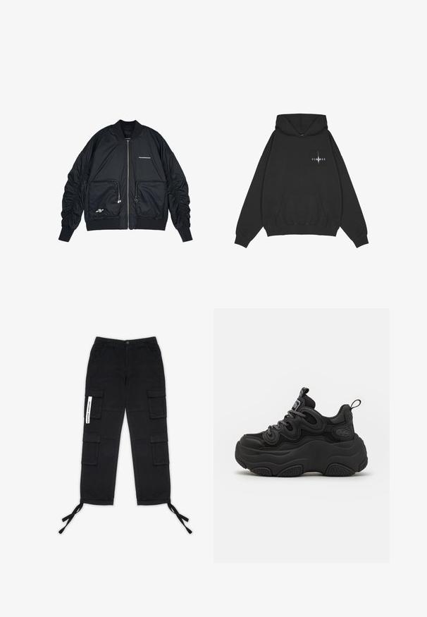 Čierna bomber bunda s predným zipom, rebrovanými manžetami a lemom. Má dve predné vrecká, zhromaždené rukávy a strieborné logo.; Pegador Mikina s kapucňou - washed black; Pegador TANAMI WIDE PANTS - Kapsáče - black; Čierne tenisky s masívnym dizajnom, obsahujúce textúrovaný zvršok, sieťovinové panely a hrubú gumovú podrážku. Viditeľné reflexné šnúrky a detaily značky.