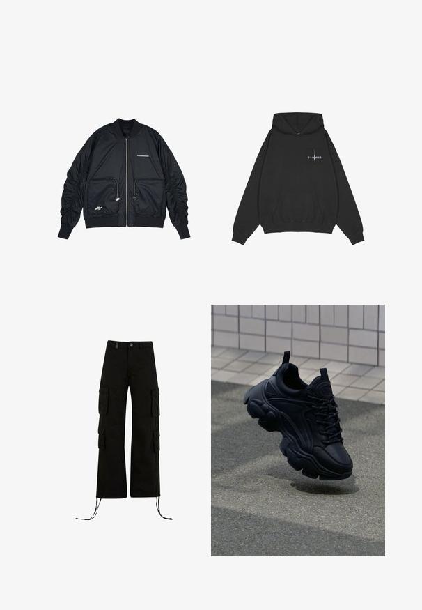 Schwarze Bomberjacke mit Reißverschluss vorne, gerippten Bündchen und Saum. Verfügt über zwei Fronttaschen, geraffte Ärmel und silberne Logo-Details.; Pegador Kapuzenpullover - washed black; Schwarze Cargo-Hosen mit einer lockeren Passform, ausgestattet mit Cargo-Taschen an den Seiten, Kordelzügen am Saum und einem Knopfverschluss an der Taille.; Schwarze Leder-Sneaker mit einem klobigen Design, ausgestattet mit einer dicken Sohle, strukturierten Einsätzen und schwarzen Schnürsenkeln. Schwebt über einem grauen Gehweg.