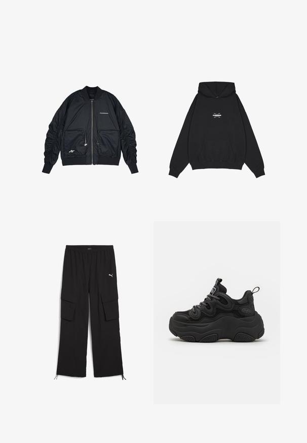 Musta bomber-takki, jossa on vetoketju edessä, ribbaatut hihanpäälliset ja helma. Ominaisuuksiin kuuluvat kaksi etutaskua, kerrostetut hihat ja hopeiset logo-yksityiskohdat.; Pegador BELLY OVERSIZED HOODIE - Huppari - washed black; Mustat cargo-housut, joissa on leveä lahjamalli, joustava vyötärö, kaksi sivutaskua ja nauhalla kiristettävät lahkeet. Varustettu pienellä valkoisella logolla.; Mustat lenkkarit, joissa on jykevä muotoilu. Varressa on teksturoidut pinnat, verkkomaiset paneelit ja paksu kumipohja. Heijastavat nauhat ja brändityylit näkyvissä.