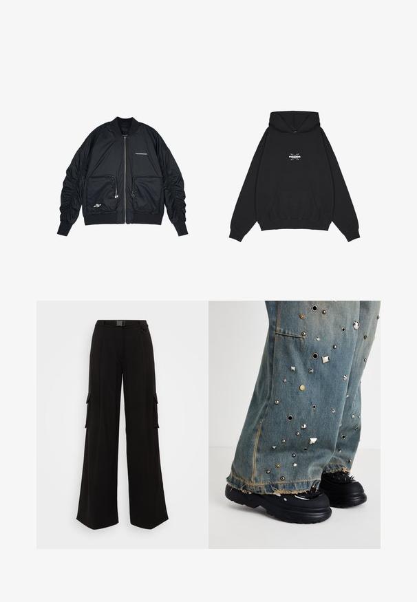 Čierna bomber bunda s predným zipom, rebrovanými manžetami a lemom. Má dve predné vrecká, zhromaždené rukávy a strieborné logo.; Pegador BELLY OVERSIZED HOODIE - Mikina s kapucňou - washed black; Čierne cargo nohavice s širokými nohavicami, bočnými vreckami, textúrovanou tkaninou, priliehajúcim pásom a opaskom na prispôsobenie veľkosti. Čistý, moderný dizajn.; Džínsy s rozšírenými nohavicami, s kovovými hrotmi a očkami. Roztrhnutý lem a viditeľné vrecká. Nosené s robustnými čiernymi topánkami so hrotmi.