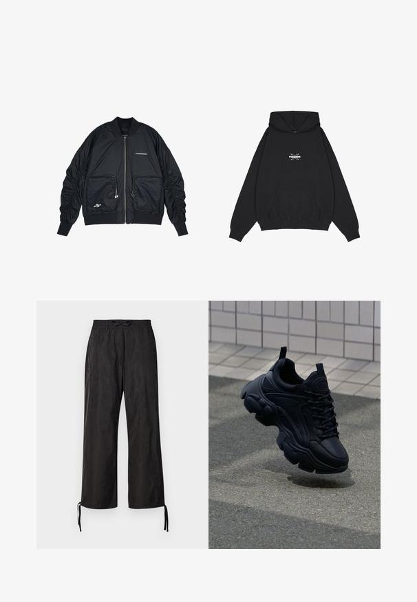 Schwarze Bomberjacke mit Reißverschluss vorne, gerippten Bündchen und Saum. Verfügt über zwei Fronttaschen, geraffte Ärmel und silberne Logo-Details.; Pegador BELLY OVERSIZED HOODIE - Kapuzenpullover - washed black; Schwarze, locker sitzende Hosen mit einem elastischen Bund und verstellbaren Kordeln an den Knöcheln. Glattes Gewebe mit einem dezenten Glanz.; Schwarze Leder-Sneaker mit einem klobigen Design, ausgestattet mit einer dicken Sohle, strukturierten Einsätzen und schwarzen Schnürsenkeln. Schwebt über einem grauen Gehweg.