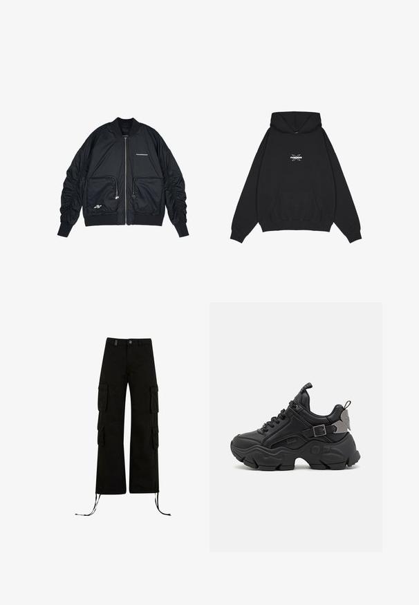 Sort bomberjakke med lynlås i front, ribbede manchetter og kant. Har to frontlommer, indsamlede ærmer og sølvlogo-detaljer.; Pegador BELLY OVERSIZED HOODIE - Hættetrøje - washed black; Sorte cargo bukser med en afslappet pasform, der har cargolommer på siderne, snøre i kanten og en knaplukning i taljen.; Sort sneakers med en struktureret læderoverdel, kraftig gummisål, snøre lukning og en metalaccent på hælen. Moderne designelementer inkluderet.