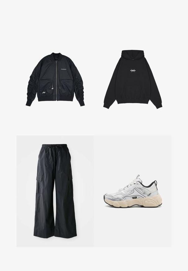 Sort bomberjakke med lynlås i front, ribbede manchetter og kant. Har to frontlommer, indsamlede ærmer og sølvlogo-detaljer.; Pegador BELLY OVERSIZED HOODIE - Hættetrøje - washed black; Sorte cargo-bukser lavet af letvægtigt stof, med vidde i benene, elastisk talje og flere sidelommer. Enkle og funktionelle.; Hvid sportsko med mesh- og syntetiske paneler, sølvdetaljer, chunky creme farvet sål og kontrasterende sorte detaljer. Har snøresystem.