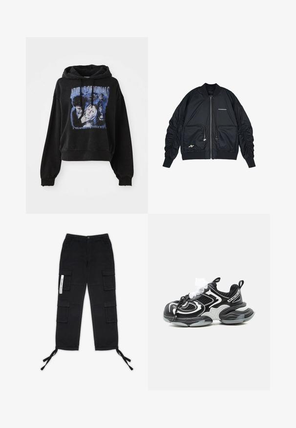 Sort bomberjakke med lynlås i front, ribbede manchetter og kant. Har to frontlommer, indsamlede ærmer og sølvlogo-detaljer.; Sort cropped hoodie lavet af bomuld med snøre i hætten. Har et grafisk print i blå, der viser tegn og tekst.; Pegador TANAMI WIDE PANTS - Cargobukser - black; Sort og hvid chunky sneaker med mesh overdel, tyk polstret sål og tofarvede snørebånd mod ensfarvet baggrund.