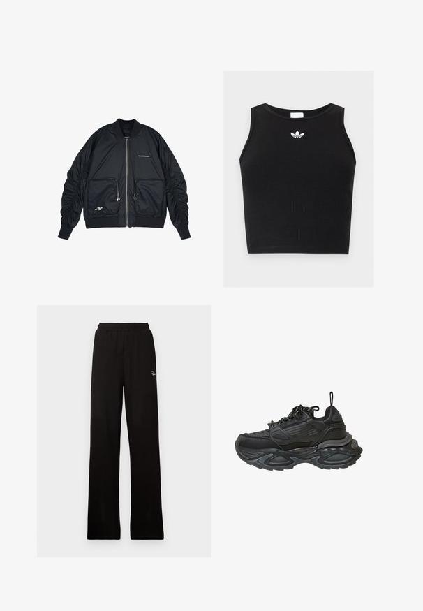 Schwarze Bomberjacke mit Reißverschluss vorne, gerippten Bündchen und Saum. Verfügt über zwei Fronttaschen, geraffte Ärmel und silberne Logo-Details.; Schwarzes, geripptes ärmelloses Crop-Top mit rundem Ausschnitt und kleinem weißen Adidas-Trefoil-Logo, das zentriert in der Nähe des Kragens platziert ist.; Schwarze, gerippte, weit geschnittene Hose mit elastischem Bund und kleinem dekorativem Logo, aus einem glatten Material mit langem Design.; Schwarze Sneakers mit einer klobigen Sohle, Obermaterial aus strukturiertem Leder, dekorativen Nähten und einer verstärkten Zehenkappe. Sie verfügen über ein Schnürdesign und eine Zuglasche.