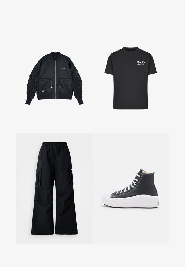 Zwarte bomberjack met een ritssluiting aan de voorkant, ribgebreide manchetten en zoom. Voorzien van twee voorkruinen, gathered mouwen en zilveren logo-details.; Zwarte katoenen t-shirt met een ronde hals. Bevat witte tekst, waaronder Japanse karakters en "Slurp Away", op de linkerborst.; Zwarte cargobroek met wijde pijpen, elastische tailleband, verstelbaar trekkoord en twee steekzakken. Gemaakt van een gladde, lichte stof.; Zwarte high-top sneaker met witte veters en rubberen zool. Heeft een gladde leren textuur en witte stiksels.