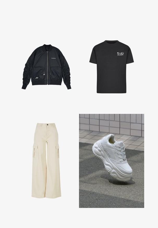 Sort bomberjakke med lynlås i front, ribbede manchetter og kant. Har to frontlommer, indsamlede ærmer og sølvlogo-detaljer.; Sort bomulds T-shirt med rund hals. Har hvid tekst, inklusive japanske tegn og "Slurp Away," på venstre brystområde.; Beige cargo bukser med vidde, lavet af bomuld, med to store sidelommer, lukning med knap foran og en ren kant.; Hvide lædersneakers med en kraftig sål, teksturerede detaljer og snørelukning. Har formede accenter og en glat finish.