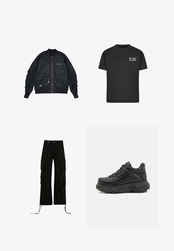 Sort bomberjakke med lynlås i front, ribbede manchetter og kant. Har to frontlommer, indsamlede ærmer og sølvlogo-detaljer.; Sort bomulds T-shirt med rund hals. Har hvid tekst, inklusive japanske tegn og "Slurp Away," på venstre brystområde.; Sorte cargo bukser med en afslappet pasform, der har cargolommer på siderne, snøre i kanten og en knaplukning i taljen.; Sort chunky platform sneakers med tekstureret sål, snørebånd foran og mærkede detaljer på siden og hælen.