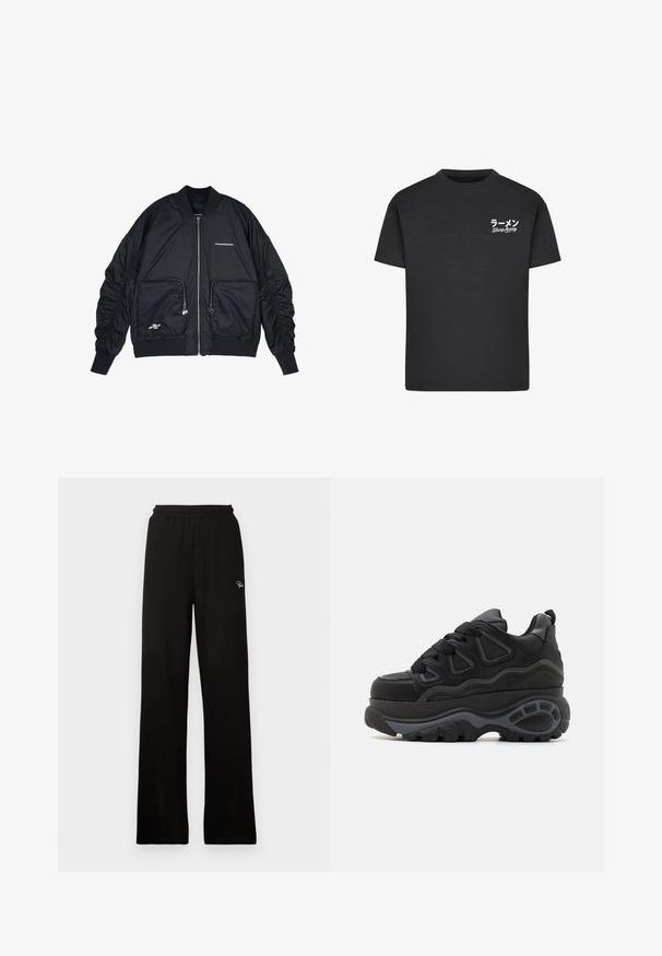 Schwarze Bomberjacke mit Reißverschluss vorne, gerippten Bündchen und Saum. Verfügt über zwei Fronttaschen, geraffte Ärmel und silberne Logo-Details.; Schwarzes Baumwoll-T-Shirt mit Rundhalsausschnitt. Mit weißem Text, einschließlich japanischer Schriftzeichen und "Slurp Away", auf der linken Brustseite.; Schwarze, gerippte, weit geschnittene Hose mit elastischem Bund und kleinem dekorativem Logo, aus einem glatten Material mit langem Design.; Buffalo Skateschuh - black