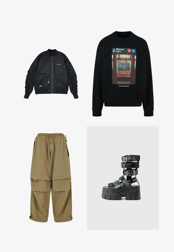 Sort bomberjakke med lynlås i front, ribbede manchetter og kant. Har to frontlommer, indsamlede ærmer og sølvlogo-detaljer.; Sort sweatshirt med fotoprint af et subway-interiør, som har "Memory Lane" skiltning og graffiti-detaljer. Ribkantede manchetter og halsudskæring.; Beige cargo bukser med elastisk talje, store forlommer og justerbare manchetter. Lavet af letvægtsmateriale med en glat tekstur.; Sort platåsandal med tyk sål med mønster, flere justerbare remme, sølvfarvede spænder og ankelhøjt design.