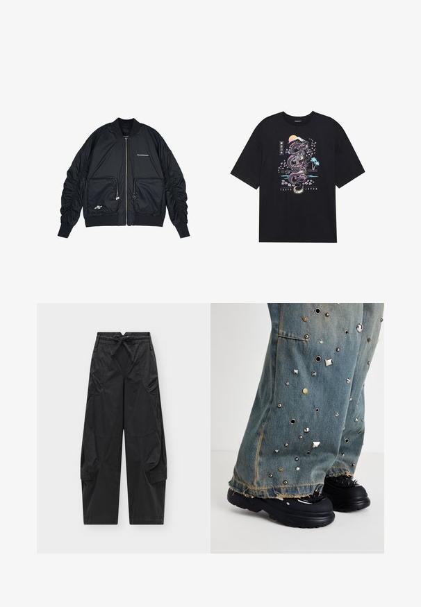 Chaqueta bomber negra con cierre de cremallera en la parte delantera, puños y dobladillo acanalados. Presenta dos bolsillos frontales, mangas fruncidas y detalles del logo en plata.; Camiseta negra con un gráfico colorido de un dragón, flores de cerezo, sol y montaña. El texto dice "Tokio Japón" debajo del diseño.; Pantalones cargo negros con cintura elástica con cordón, múltiples bolsillos delanteros y laterales, y piernas rectas y holgadas sobre un fondo liso.; Pantalones de mezclilla acampanados con tachuelas metálicas y ojales. Dobladillo deshilachado y bolsillos visibles. Llevados con zapatos negros de suela gruesa que presentan picos.