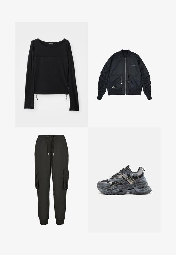 Veste bomber noire avec fermeture éclair à l'avant, manches et ourlet côtelés. Comprend deux poches avant, des manches froncées et des détails de logo en argent.; Haut noir à manches longues avec un col rond, texture contrastante aux épaules et cordons de serrage ajustables sur les côtés. Tissu lisse et léger.; Pantalons cargo noirs en tissu léger, dotés d'une taille élastique, d'un cordon de serrage ajustable, de poches latérales et de poignets côtelés.; Chaussures de sport noires et grises avec une tige en mesh et synthétique, une semelle ondulée proéminente, des accents réfléchissants et un design à plusieurs couches.