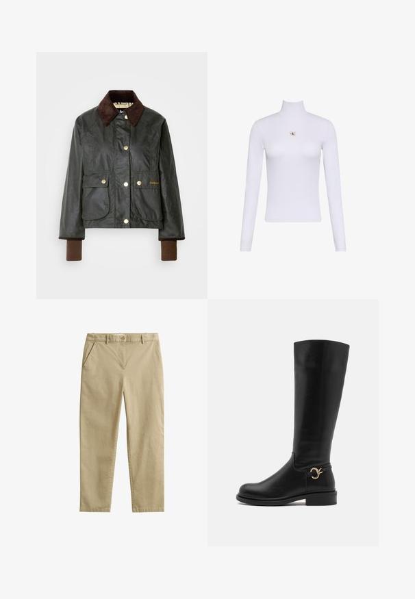 Donkergroene gewaxte jas met een bruine corduroy kraag, voorzien van gouden drukknoopsluiting en twee voorzakken, en geribbeld bruine manchetten.; Witte lange mouwen coltrui top met een klein Calvin Klein-logo midden op de borst.; Beige broek met rechte pijpen, voorzakken, riemlussen en knoopsluiting, gemaakt van een gladde stof.; Anna Field Wide Fit by Zalando Laarzen - black