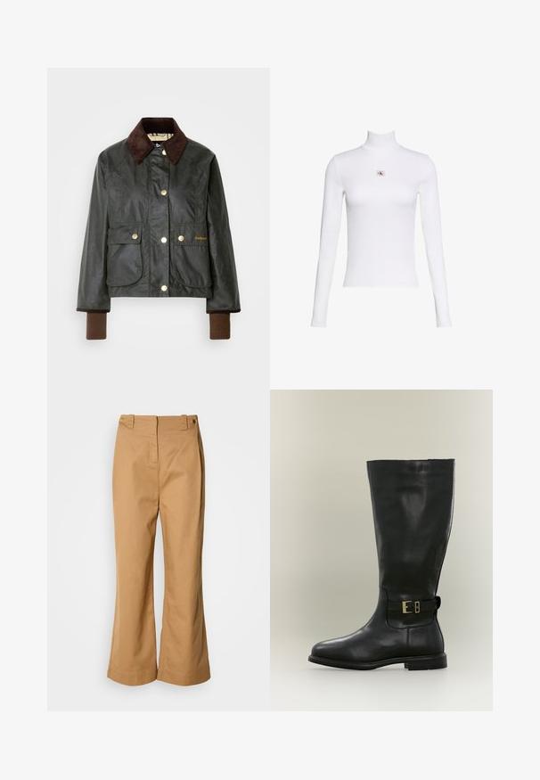 Veste cirée de couleur vert foncé avec un col en velours côtelé marron, dotée de boutons-pression dorés et de deux poches avant, avec des poignets côtelés marron.; Haut blanc à manches longues avec col roulé et petit patch logo Calvin Klein centré sur la poitrine sur fond blanc uni.; Pantalon à jambes larges en tissu de coton beige, doté d'une taille haute, de deux boutons dorés et d'une texture lisse. Aucun motif ou accent visible.; Botte haute en cuir noir avec un talon bas et une bride latérale à petite boucle dorée, présentée sur un fond neutre.
