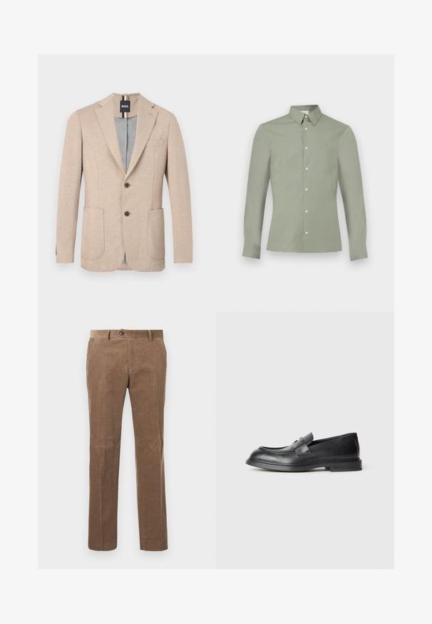 Beige herenblazer met inkeping revers, twee opgestikte zakken aan de voorkant, twee bruine knopen en een zwart merklabel aan de binnenkant van de kraag.; Lichtgroen overhemd met lange mouwen, knoopsluiting op de kraag en witte knopen, weergegeven op een effen witte achtergrond.; Bruine corduroy broek met verticale ribbelstructuur, recht model, enkele knoopsluiting en twee voorzakken.; Zwarte leren loafers met een gestructureerde afwerking, voorzien van een decoratieve voorstrik en een afgeronde neus. Rubberzool voor duurzaamheid.