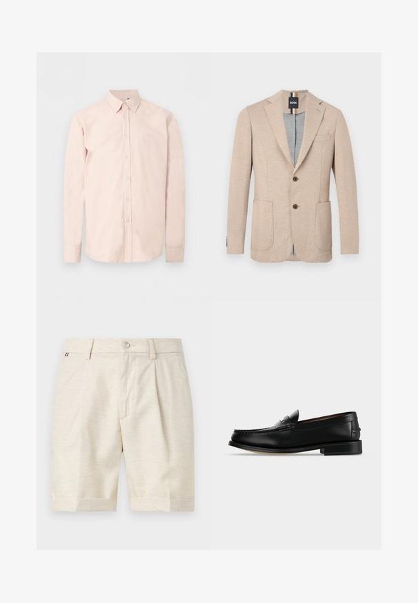 Blazer beige pour hommes avec revers crantés, deux poches plaquées à l'avant, deux boutons marron et une étiquette noire de marque à l'intérieur du col.; Chemise rose clair à manches longues avec boutons, col pointu, logo discret sur la poitrine et poignets boutonnés sur un fond blanc uni.; Shorts beige sur mesure longueur genou avec fermeture par boutons, passants de ceinture et plis subtils à l'avant sur fond uni.; Mocassin homme en cuir noir avec un petit talon et une couture de style mocassin sur l'avant, vu de côté sur un fond uni.