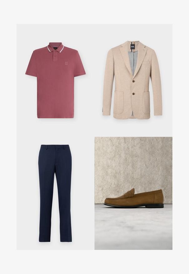 Blazer beige pour hommes avec revers crantés, deux poches plaquées à l'avant, deux boutons marron et une étiquette noire de marque à l'intérieur du col.; Polo à manches courtes rose poudré avec bordure de col blanche, patte de boutonnage à deux boutons et petit logo carré sur la poitrine.; Pantalon tailleur bleu marine avec passants de ceinture, fermeture éclair devant et coupe droite sur fond blanc uni.; Mocassin en daim marron avec semelle noire flottant au-dessus d'un tapis beige clair, à côté d'un pied de table rond marron et brillant.