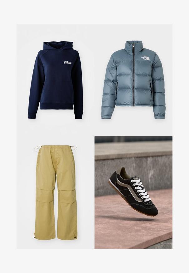 Blå polstret jakke med høj krave, frontlynlås, sidelommer med lynlås, justerbare manchetter og hvid "The North Face"-logo på brystet.; Mørkeblå hættetrøje lavet af blødt materiale. Har en frontlomme og et hvidt logo på brystet. Ribbet ved håndledene og kanten.; Cargo bukser i khaki, med brede ben, elastisk talje, frontlommer og justerbare snore i nakkeskørtet. Fremstillet af letvægtsstof.; Sort og beige sneaker med hvide snørebånd og gummisål, svævende over en stensurface og grå betonbaggrund.