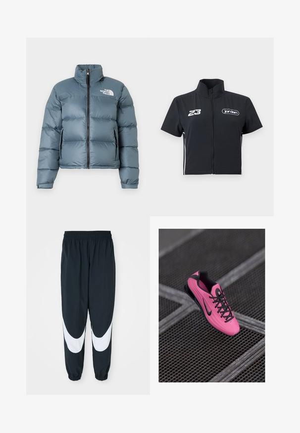 Modrá vypolstrovaná bunda s vysokým golierom, predným zipsom, bočnými zipsovými vreckami, nastaviteľnými manžetami a bielym logom "The North Face" na hrudi.; Čierna krátkorukávová bunda na zips s vysokým golierom, bielym „23“ na ľavej hrudi a logom „jordan“ na pravej hrudi.; Čierne teplákové nohavice s bielymi zakrivenými panelmi, elastickým pásom a zhromaždenými manžetami, vyrobené z ľahkej látky a vo voľnom strihu.; Ružová športová obuv Nike s čiernymi detailmi, sieťkovanou textúrou a ryhovaným dizajnom. Má pohodlnú podrážku a tradičný šnurovací systém.