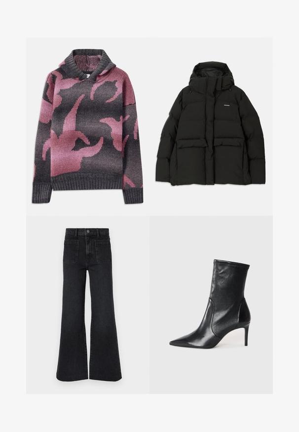 Veste doudoune noire avec capuche, présentant un design matelassé, deux poches avant et un logo sur le haut à gauche de la poitrine.; Pull en laine avec une capuche, mélange de couleurs grises et roses, avec un motif de formes abstraites. Poignets et ourlet côtelés.; Jean noir évasé taille haute avec passants de ceinture, bouton avant, fermeture éclair et deux grandes poches plaquées à l'avant sur fond blanc.; Bottes noires à la cheville en cuir lisse, dotées d'un bout pointu, d'un tige ajustée et d'un talon haut fin. Design minimaliste sans quincaillerie visible.