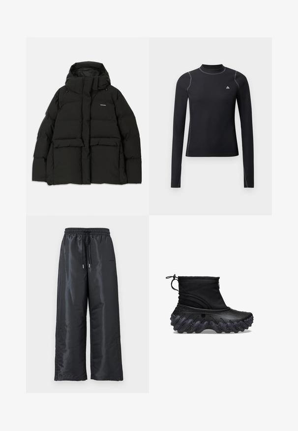 Schwarze Pufferjacke mit Kapuze, mit einem Steppdesign, zwei Fronttaschen und einem Logo auf der oberen linken Brust.; Schwarzes Langarmoberteil mit hohem Kragen, strukturiertem Stoff und kontrastrierenden Nähten. Verfügt über ein kleines Logo auf der Brust und eine taillierte Passform.; Schwarze, weite Hosen aus glänzendem, glattem Stoff. Mit einem elastischen Bund und einem Kordelzug sowie Seitentaschen.; Schwarze Knöchelboots mit einem weichen Textiloberteil und einer strukturierten, welligen Gummisohle. Mit einem Reißverschluss und einem verstellbaren Kordelzug für einen sicheren Sitz.
