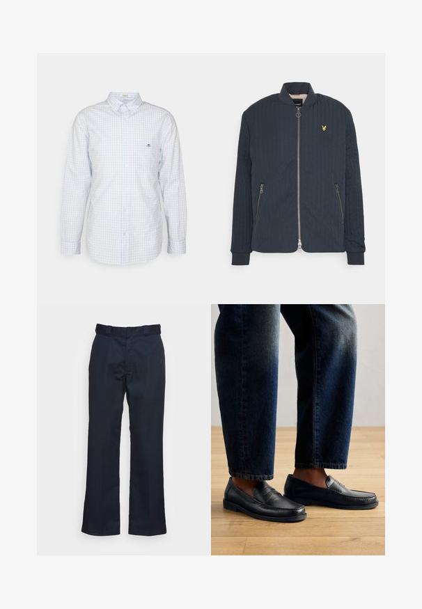 Veste bomber matelassée bleu marine avec col montant, fermeture éclair à l'avant, poches latérales zippées et petit logo d'aigle jaune sur la poitrine.; Chemise à carreaux vichy bleu clair à boutons avec manches longues, col et petit logo sur la poitrine. Fabriquée en coton, avec une texture lisse.; Pantalons bleu marine avec une coupe droite, fabriqués dans un tissu lisse, dotés d'une taille standard et sans motifs ni éléments visibles.; Mocassins en cuir noir avec des coutures et des accents texturés, portés avec un jean foncé, mettant en avant un design décontracté et épuré.