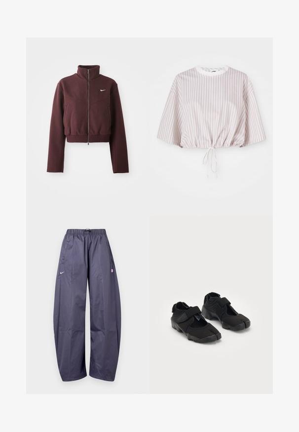 Lühi burgundia jope kõrge kaeluse, tõmbluku sulgemise, ribakrepiga hemmi ja pikkade varrukatega. Vasakul rinnal on valge Nike logo.; Lühikeste varrukatega lühike topp helesinise ja valge vertikaalsete triipudega. Varustatud nööriga alumises servas, et reguleerida sobivust.; Laisalt istuvad tumedat halli Nike jooksupüksid, millel on elastne vöökoht, küljetaskud ja vasakul reiel väike roosa logo.; Mustad mustad veega tehtud mustad veeketsid, millel on paindlik kangas, Velcro rihm ning ainulaadne jagatud sõrmikute disain ja tekstureeritud kummist tald, mis tagab haarduvuse.