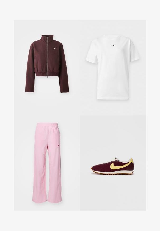 Zkrátená vinová bunda s vysokým golierom, zipsom, rebrovaným lemom a dlhými rukávmi. Na ľavej hrudi obsahuje biely logo Nike.; Biele tričko s krátkym rukávom a okrúhlym výstrihom s malým čiernym logom Nike Swoosh umiestneným v strede blízko goliera.; Ružové elastické nohavice s uvoľneným strihom. Obsahujú červené logo na ľavej strane a majú hladkú, ľahkú textúru.; Marhuľové tenisky s žltým logom, bielymi šnúrkami a textúrovaným textilným zvrškom. Gumená podrážka s ryhovaným vzorom. Klasický dizajn bežeckých topánok.