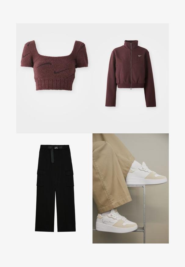 Lyhyt viininpunainen takki, jossa on korkea kaulus, vetoketjusulku, ribbaattu helma ja pitkät hihat. Vasemmassa rinnassa valkoinen Nike-logo.; Violetti lyhyt toppi, jossa on teksturoitu kangas, neliömäinen pääntie, lyhyet hihat ja ribbaushelma, joissa on hillittyjä tummia kuvioita.; Mustat cargo-housut, joissa on leveä lahjesuunnittelu, joustava vyötärö vyöllä ja kaksi suurta sivutaskua säilytystä varten.; Valkoiset tennarit, joissa beigejä yksityiskohtia, beigejen housujen kanssa, jalat lepäämässä minimalistisella metallikehyksellä neutraalilla taustalla.