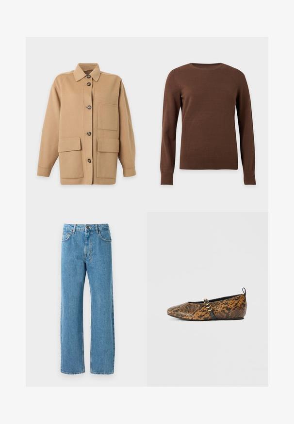 Beige skjortjakke med krave, lange ærmer, en brystlomme og to store forlommer med klap.; Brun crewneck langærmet sweater med ribkant ved manchetter og kant, vist på en ensfarvet lys baggrund.; Lyseblå denimjeans med løs pasform, høj talje, fire lommer og lynlås. Klassisk fem-lomme design.; Balletsko i faux slangeskindsmønster med brune og sorte nuancer. Har en sort rem og guldfarvet hardware-detalje. Glat tekstur.