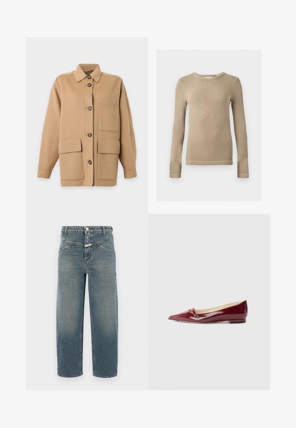 Veste beige à boutons avec col, manches longues, une poche poitrine et deux grandes poches avant à rabat.; Haut beige à manches longues en maille côtelée, col rond, silhouette ajustée et coutures visibles aux ourlets sur fond uni.; CLOSED STOVER X - Jeans fuselé - mid blue; Ballerines en cuir verni bordeaux avec un bout pointu, présentant un petit détail découpé et un petit talon. Texture lisse et design épuré.
