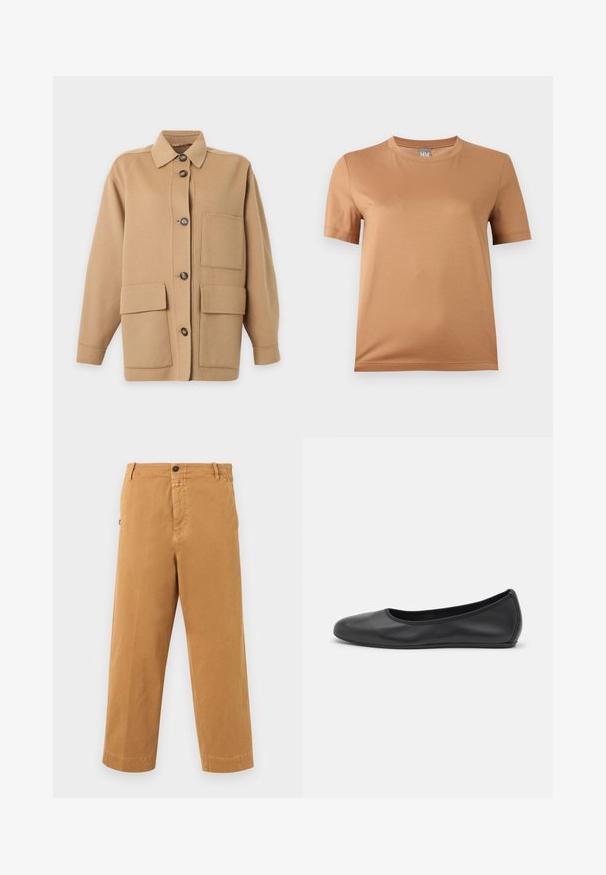 Veste beige à boutons avec col, manches longues, une poche poitrine et deux grandes poches avant à rabat.; T-shirt beige à manches courtes et col rond avec une petite étiquette grise marquée "MM" au niveau du col, présenté sur un fond clair uni.; Pantalon décontracté marron à jambes droites avec passants pour ceinture, fermeture par bouton et poches latérales sur fond blanc.; Ballerines en cuir noir avec un bout rond, texture lisse, détails de couture minimalistes et design de semelle flexible.