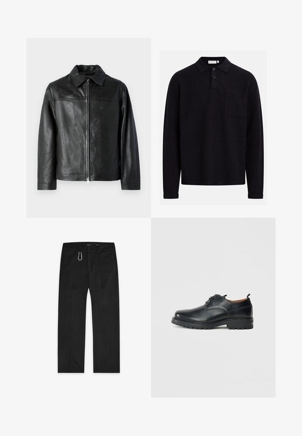 Veste en cuir noir avec un col, fermeture éclair à l'avant et texture lisse. Présente des coutures d'épaule horizontales et des manches longues.; Polo noir à manches longues avec un motif en zigzag texturé, une patte à deux boutons et une poche sur la poitrine gauche. Confectionné dans un matériau doux.; Pantalons noirs en tissu tissé, avec un design à jambes droites, deux poches latérales, une fermeture éclair à l'avant et un détail de boucle à l'extérieur.; Chaussures derby en cuir noir avec une texture lisse, bout rond, design à lacets et une semelle en caoutchouc épaisse et robuste.