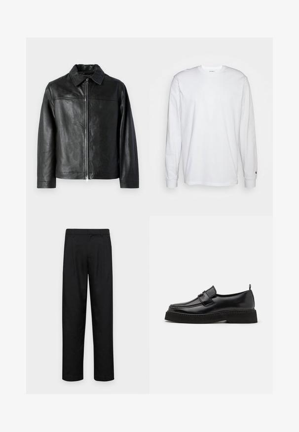 Veste en cuir noir avec un col, fermeture éclair à l'avant et texture lisse. Présente des coutures d'épaule horizontales et des manches longues.; T-shirt blanc à manches longues en coton. Design à col rond avec des poignets côtelés et un petit logo sur la manche gauche. Texture lisse.; Pantalons noirs en tissu lisse, avec une coupe droite, deux plis avant et une taille standard avec passants de ceinture.; Chaussures en cuir noir de style mocassin avec une semelle plate et texturée, présentant un bout piqué et une sangle traversant le cou-de-pied.