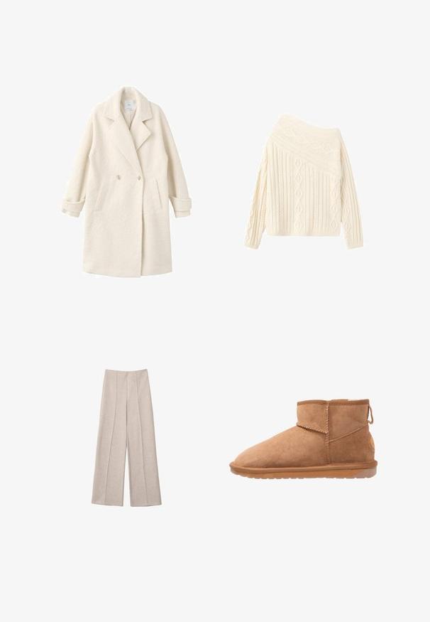 Manteau croisé en tissu crème doux, doté de revers crantés, de poches latérales et de poignets roulés pour une touche de détail et de texture.; Pull en tricot crème avec un design épaule dénudée, présentant des motifs texturés en losange et en côtes, des manches longues et un ourlet ajusté.; Pantalons larges beiges en tissu doux, avec des plis avant marqués et une taille haute cintrée, sans poches visibles.; Bottines en suede beige avec un bout arrondi, des coutures surpiquées et une semelle en caoutchouc. Elles sont dotées d'une tabulation à l'arrière pour un enfilage facile.