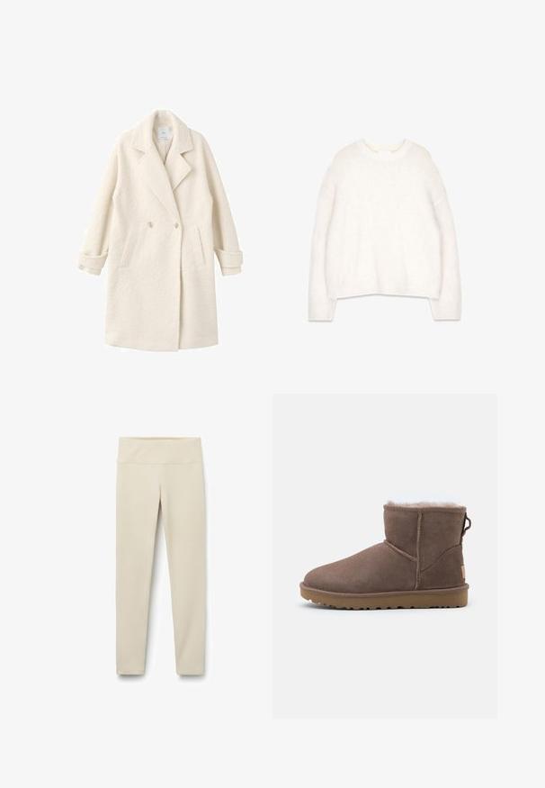 Dobbeltradet frakke i blødt cremefarvet stof, der har klaplæs, sidelommer og rullede manchetter for ekstra detaljer og tekstur.; Hvid, fluffy sweater med rund halsudskæring, lange ærmer og en afslappet pasform. Lavet af blød, tekstureret stof med ribstrikkede manchetter og kant.; Beige leggings med en høj, bred talje, lavet af et blødt, strækbart stof. Lige ben-design uden synlige sømme eller mønstre.; Brune ruskind ankelstøvle med blødt fleecefôr, rund tå, stikninger og en struktureret gummisål for godt greb.